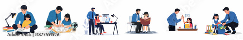 A Comprehensive Vector Set Illustrating Father-Daughter Educational Activities, Homework Assistance, Mentorship, and School Preparation.