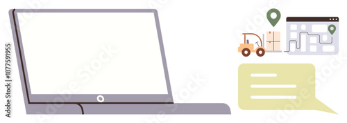 Logistics, delivery tracking, communication, supply chain, online shopping, navigation. A laptop with map, location pins and speech bubble. Logistics and delivery tracking