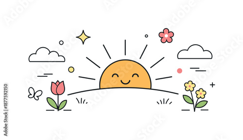 Spring Sunrise Illustration. Sunrise in springtime illustration. Friendly minimal sun with soft rays, light clouds and abstract decorative elements floating