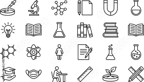 Science education laboratory outline icon set with chemistry biology physics learning research study symbols for academic and STEM projects