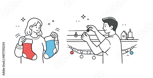 Festive Stockings Setup. People hanging stockings preparation. Someone holding stockings while another adjusts hooks or clips. Thoughtful setup and calm