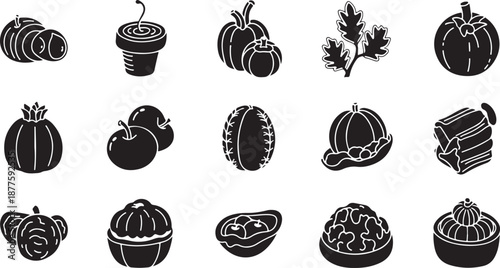 Black and white illustrations of various autumnal food icons