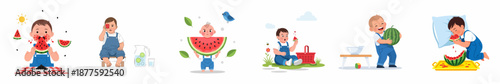 Adorable baby's watermelon adventure: A collection of funny and charming summer scenes showing various stages of enjoying the sweet fruit.