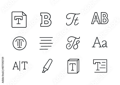 Typography Icon Set. Typography in packaging. Line icon set of Typography in packaging: product label, bold text, cursive font, block letters, monogram icon,