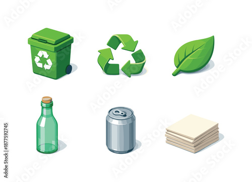 Eco Recycling Icons. Eco icons and recycling. Isometric flat vector icons set of Eco icons and recycling: recycling bin, circular recycle arrows, eco leaf