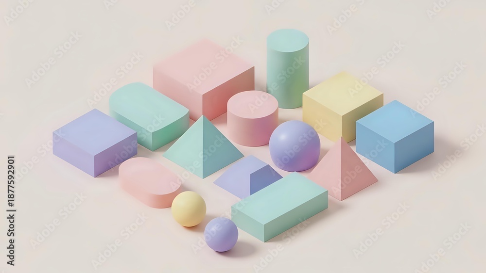 Fototapeta premium Colorful geometric shapes and forms arranged on neutral background for modern design projects and creative presentations.