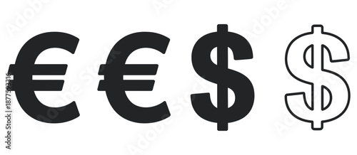 New collection of money symbols in solid outlined style, including dollar euro signs, representing global finance banking economics business.