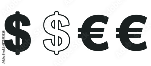 New international currency symbols in solid and outlined styles, including dollar and euro signs, representing global finance banking economics.