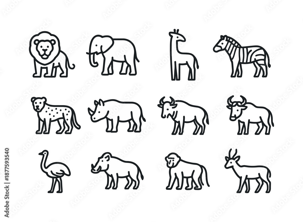 Fototapeta premium Savanna Animal Icons. Savanna Animals. Line icon set of Savanna Animals: lion, elephant, giraffe, zebra, cheetah, rhino, hyena, wildebeest, ostrich, warthog,