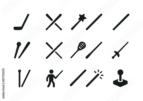 Game Sticks Icons. Game Sticks. Solid icon set of Game Sticks: hockey stick, drumstick, magic wand, pool cue, baton, pointing stick, lacrosse stick, fencing