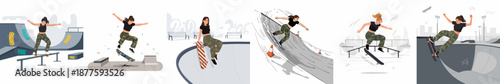 Dynamic vector collection showing a female skateboarder in camo pants executing various street and park tricks at a modern outdoor skate facility.