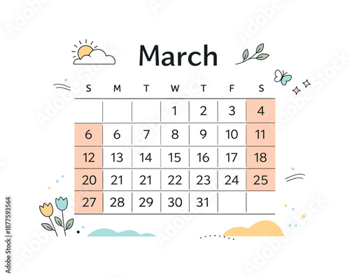 March Calendar Design. March monthly calendar illustration. Simple grid-based calendar with highlighted weekends and gentle abstract accents suggesting early