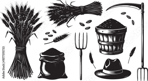 Harvest tools and wheat bundle in black and white