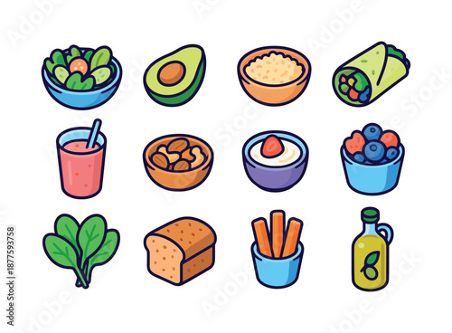 Isometric Healthy Food Icons. Healthy food. Colorful isometric vector icons set of healthy food: salad bowl, avocado half, quinoa bowl, veggie wrap, smoothie