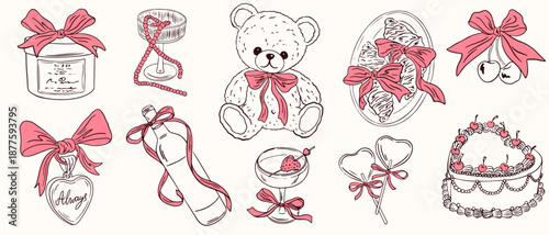 Hand drawn coquette elements for Valentines day. Whimsical cute girly bows, locket, cherry, cake, cocktails, croissant. Vintage line art vector illustrations for wedding invitation, birthday card