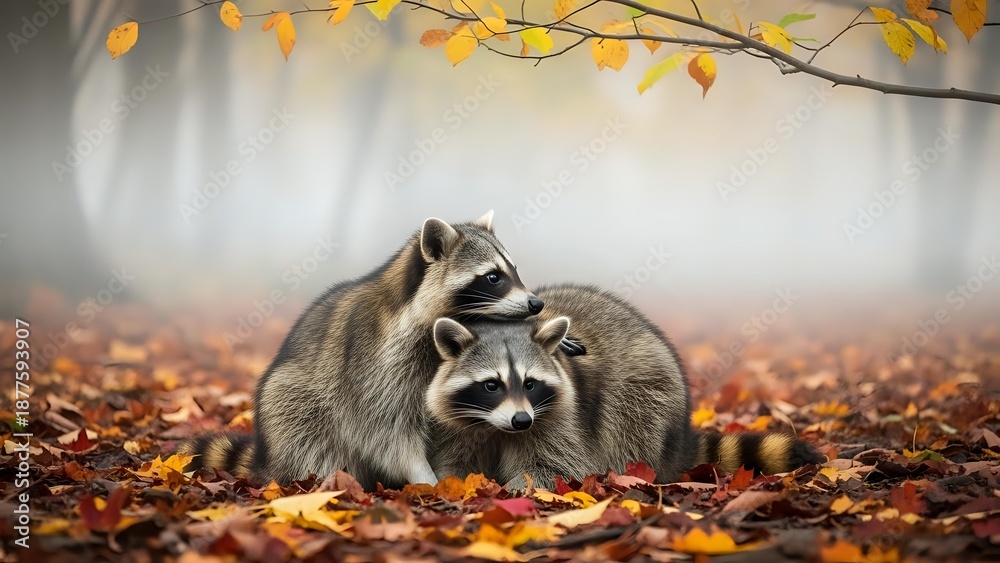 Fototapeta premium Two adorable raccoons cuddling together in autumn forest with colorful fallen leaves and golden foliage creating warm seasonal wildlife scene.