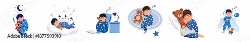 Collection of cute cartoon boy sleeping illustrations, showing peaceful rest, bedtime routines, and dreaming with a teddy bear against a night sky backdrop.