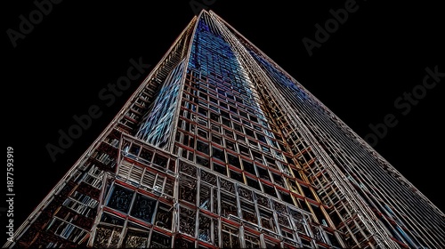 Monumental Ascent: Capturing the grandeur of modern architecture, the towering skyscraper ascends towards the sky, its intricate facade gleaming against the expansive backdrop.