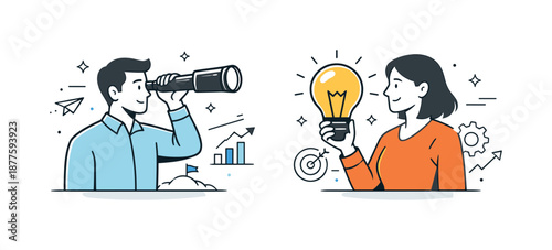 Foresight in Focus. Vision and strategy. A person holding a telescope or lightbulb symbol, looking ahead with focus. The illustration conveys foresight,