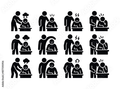 Workplace Stress Icons. Handling workplace stress and managerial support. Icon set. Set Logo of Handling workplace stress and managerial support: Supervisor