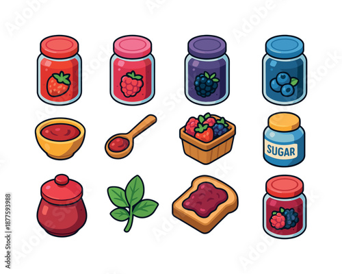 Berry Jam Icon Set. berry jam. Colorful isometric vector icons set of berry jam: strawberry jam, raspberry jam, blackberry jam, blueberry jam, mixed berry jar,