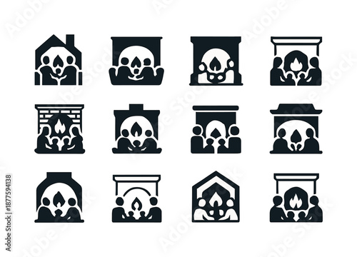 Firelight Harmony Logos. People enjoying a warm fire in the fireplace. Icon set. Set Logo of people enjoying a warm fire in the fireplace: family by firelight.