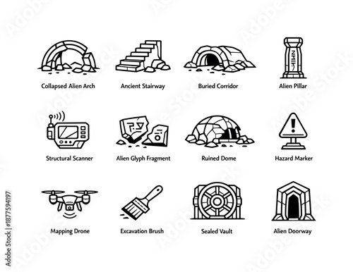 Extraterrestrial Icon Set. Extraterrestrial ruins exploration. Line icon set of Extraterrestrial ruins exploration: collapsed alien arch, ancient stairway,