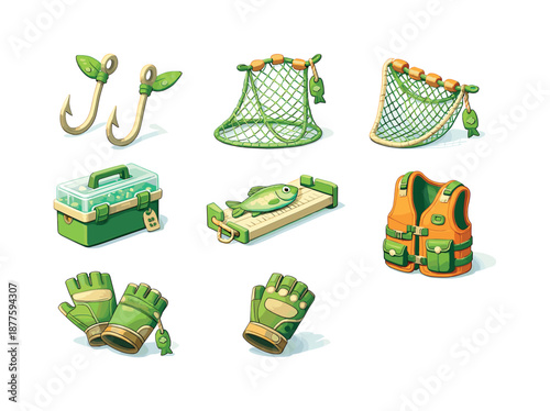 Sustainable Fishing Icons. Fishing Gear. Isometric flat vector icons set of Sustainable Fishing: biodegradable fishing hooks, eco-friendly nets, tackle box,