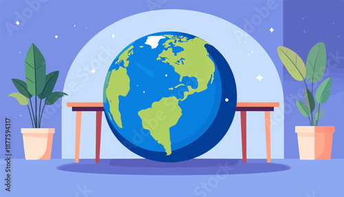 A large globe sits on a table, flanked by potted plants under a starry sky