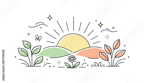Nature's Morning Renewal. Nature awakening abstract scenes. Soft abstract landscape coming to life with rising sun shapes, gentle plants unfolding, and calm