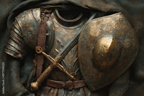 Biblical Armor of God Abstract Illustration with Radiant Light, Textured Metal and Leather Details