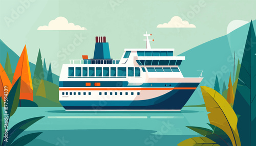 A large ferry sails on calm water, with lush green hills and trees in the background