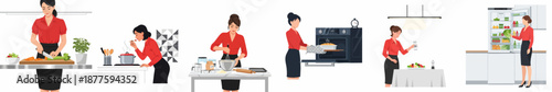 Woman's Cooking Journey: Collection of illustrations showing food preparation, baking, seasoning, and grocery management in a modern home kitchen environment.