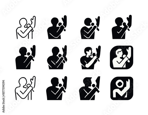Concert Icon Collection. Singing at live performances and concerts. Icon set. Set Logo of Singing at live performances and concerts: singer with raised hand.