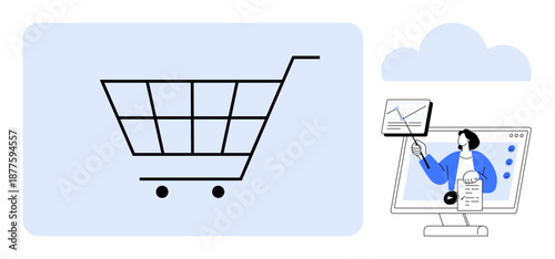 E-commerce. Digital shopping with a shopping cart and customer interaction through online services in the cloud. E-commerce connects businesses and consumers seamlessly. For retail, technology