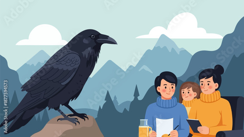 A large crow observes a family gathering with drinks and papers in front of a mountain backdrop