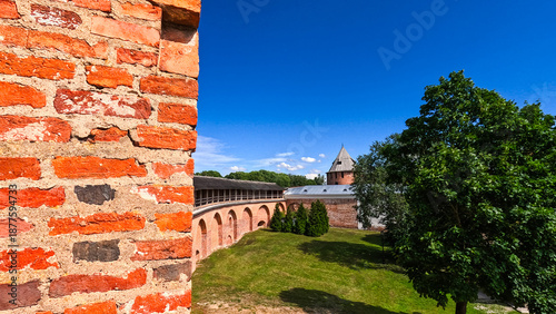 Bild auf Leinwand View of the ancient brick walls and towers of the Kremlin of Veliky Novgorod (No