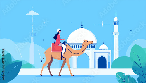 A person rides a camel past a mosque with futuristic elements and lush foliage