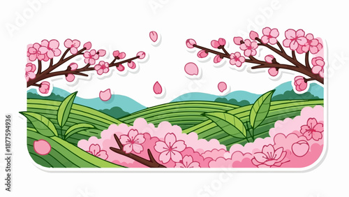 A picturesque spring scene with rolling green hills, teal mountains, and abundant pink blossoms