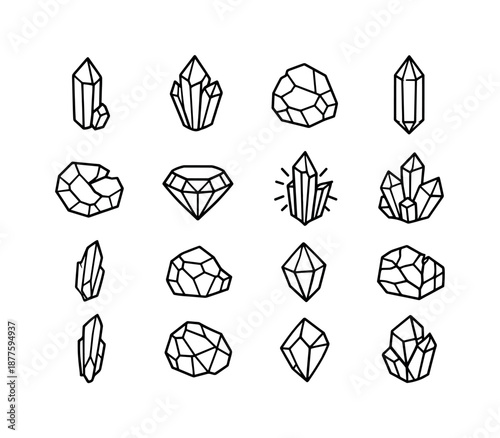 Crystal Shards Icons. Crystal shards. Line icon set of Crystal shards: quartz shard, amethyst shard, rough stone, pointed crystal, gem fragment, faceted edge,