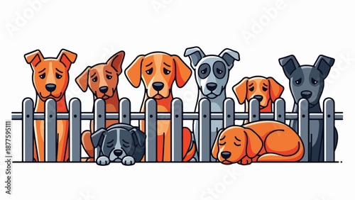 A group of diverse dog breeds behind a fence, all looking sad or tired