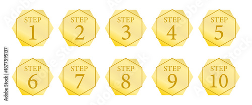 金色の円形デザインで構成された番号付きナビゲーションボタンアイコンセット（1〜10）