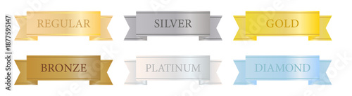 ゴールド・シルバー・ブロンズなど会員ランクを表す装飾バナーとバッジのセット（ベクター）