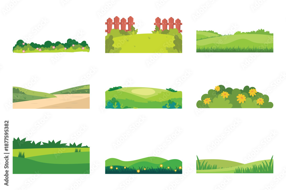 Fototapeta premium Green nature landscape collection. Vector summer grass fields and fences for outdoor scene construction or farming game background