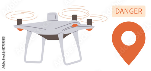 quadcopter technology, safety, surveillance, delivery, risk alert, navigation systems. A Quadcopter near a danger sign and location pin. Safety and surveillance through risks and navigation