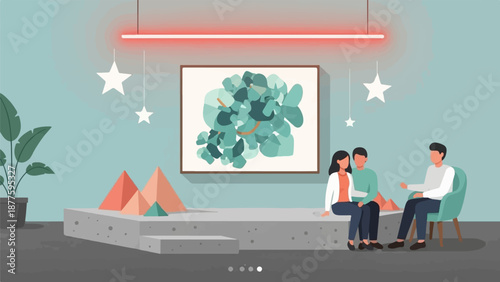 A modern, minimalist living room scene featuring three people, abstract art, and ambient lighting