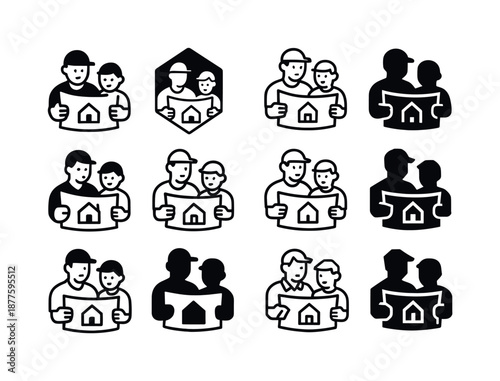 Father-Son Logo Variations. A father and son working together on a home improvement project. Icon set. Set Logo of A father and son working together on a home