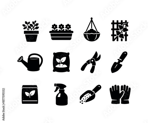 City Gardening Icons. City gardening. Solid icon set of city gardening: potted herb, window box, hanging planter, trellis vine, watering can, soil bag, pruning