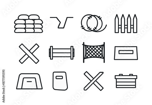 Field Fortifications Icons. Field fortifications. Line icon set of Field fortifications: sandbag wall, trench outline, barbed wire coil, wooden stakes,