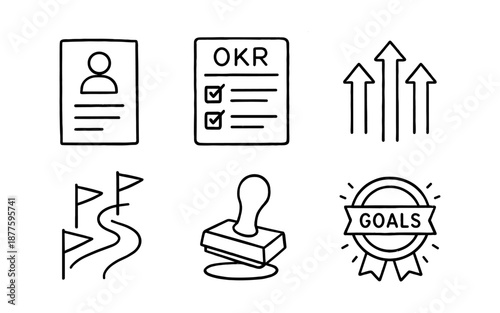 Line art business icons: okr, goal setting, growth, and personal profile
